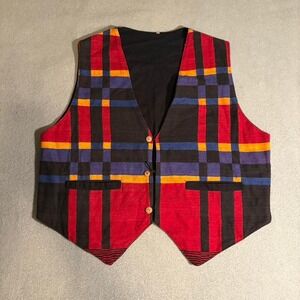 Vintage Red and black plaid button-up vest XL‎